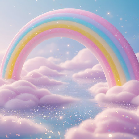 A pastel rainbow with pink, yellow, blue, and purple bands arches over a body of water. The water is calm and reflects the sky, with numerous sparkling glitter particles scattered across its surface. Soft, fluffy pink and lavender clouds surround the rainbow and water, creating a dreamlike and ethereal atmosphere. The sky is a soft blue with a hint of dawn or dusk light.の素材