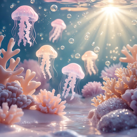 A serene underwater scene featuring several translucent pink jellyfish gracefully floating amidst a vibrant coral reef. Sunbeams pierce the turquoise water from above, illuminating the scene and creating a magical, ethereal glow. Bubbles rise towards the surface, adding to the dreamlike atmosphere. The coral formations are rendered in soft pastel pinks and purples, with sparkling accents on some of the rocks.の素材