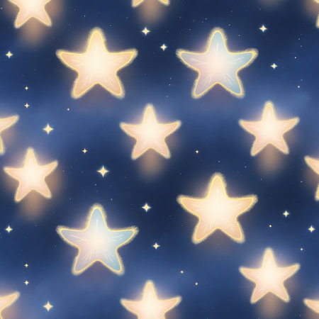 A repeating pattern displays multiple soft, glowing stars scattered across a dark blue, starry night sky. The stars are illuminated with warm yellow and pastel hues, and their edges are softly blurred, giving them a dreamy and ethereal appearance. Small, twinkling stars add to the celestial theme.の素材