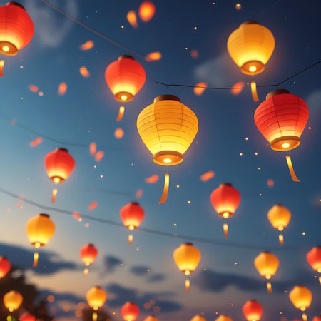 A vibrant display of red and yellow paper lanterns illuminated against a dark blue night sky, dotted with faint stars. The lanterns are strung together, creating a festive and magical atmosphere. Small, out-of-focus lights and what appear to be falling petals or confetti add a dynamic and celebratory feel to the scene. The warm glow of the lanterns contrasts with the deep blue of the night, creating a visually striking image.の素材