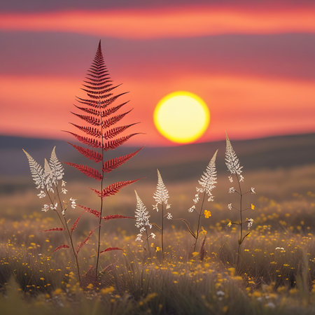 A striking contrast is presented at sunset with a prominent red fern in the foreground, its leaves a deep crimson. Beside it, several delicate white wildflowers and smaller pale ferns are illuminated by the warm, golden light of the setting sun. The background features a soft focus meadow and a vibrant orange and pink sky.の素材
