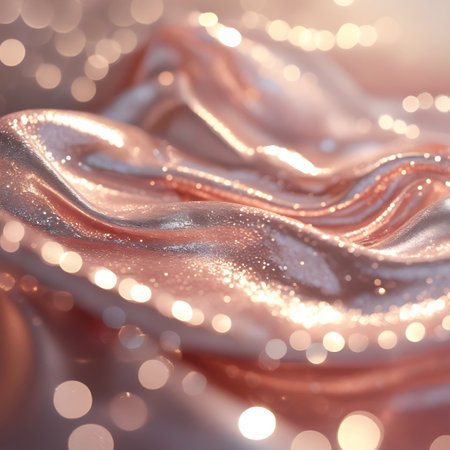 This image presents a close-up of rose gold satin fabric, characterized by its smooth sheen and subtle glitter. The fabric is artfully draped, creating soft folds and highlights. A background of diffused, out-of-focus bokeh lights adds a touch of elegance and dreaminess to the composition.の素材