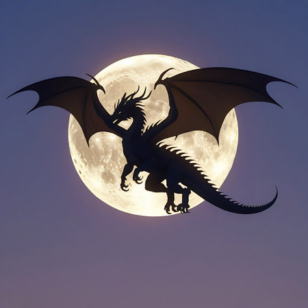 A dramatic silhouette of a dragon in flight is positioned in front of a large, luminous full moon. The dragon is dark and detailed, with outstretched wings, sharp claws, and a long, spiky tail. The moon is bright and textured, casting a soft glow. The background is a gradient of deep purple and blue, suggesting a twilight or night sky.の素材