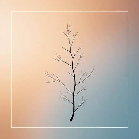 This image presents a minimalist line drawing of a bare tree branch, characterized by its delicate, intricate network of twigs. The illustration is set against a smooth color gradient that shifts from a soft peach hue at the top to a light blue at the bottom. A thin white square frame encloses the artwork, contributing to its clean and modern aesthetic.の素材
