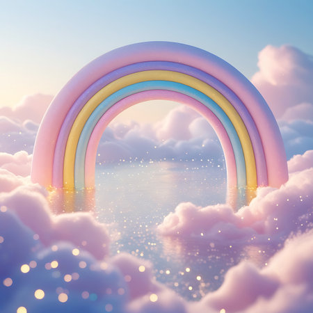 A soft pastel rainbow featuring pink, yellow, blue, and purple bands emerges from a bed of fluffy pink and lavender clouds. The rainbow's base touches a calm body of water that sparkles with scattered glitter. The sky transitions from a soft blue to a warmer hue, suggesting sunrise or sunset, enhancing the dreamy and magical ambiance.の素材
