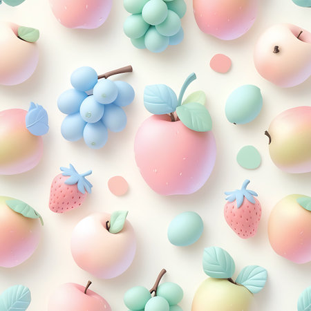 A charming arrangement of pastel-colored fruits, including plump grapes, round apples, and iconic strawberries. The fruits are presented in a repeating pattern with soft, diffused lighting that emphasizes their gentle colors and smooth textures. Small, round pastel dots are scattered amongst the fruits, adding to the playful and sweet visual theme.の素材