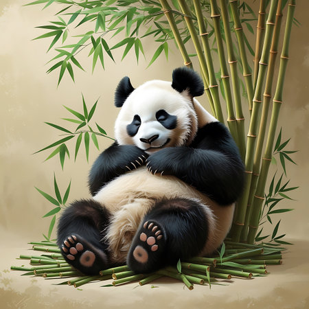 A heartwarming image of a giant panda asleep on a bed of bamboo stalks on the ground. The panda's eyes are closed, and its body is in a comfortable resting position. Its characteristic black and white fur is soft and fluffy. The surrounding bamboo stalks are green and abundant, creating a natural environment. The background is a soft, earthy tone, highlighting the sleeping panda and the bamboo.の素材