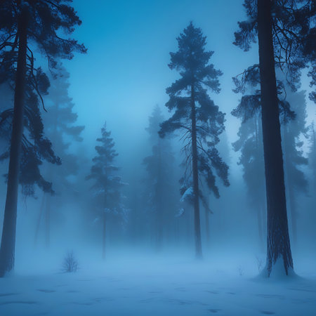 This image depicts a serene winter forest scene dominated by tall, dark pine trees silhouetted against a pervasive blue fog. The ground is covered in a thick layer of snow, and the mist creates a sense of depth and mystery. The cool blue tones and the quiet atmosphere evoke a feeling of peaceful solitude and the stark beauty of a winter landscape at dusk.の素材