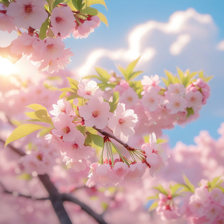 This image showcases clusters of vibrant pink cherry blossoms bathed in warm sunlight. The sun creates a gentle flare and highlights the delicate petals, while a soft bokeh effect blurs the background of a clear blue sky dotted with fluffy white clouds. The focus is on the intricate details of the flowers and their branches, conveying the essence of springtime renewal and natural beauty.の素材