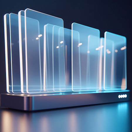 A stack of multiple transparent, rectangular digital screens with softly glowing blue edges is arranged on a dark, reflective surface. The screens are positioned at an angle, creating a sense of depth and a futuristic aesthetic. The arrangement suggests a modern data display or interface.の素材
