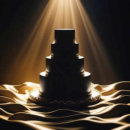 A tall, multi-tiered cake in a deep black color is adorned with subtle gold accents, including a decorative gold border on its base and small gold embellishments between tiers. A bright spotlight shines down, creating dramatic light rays that pierce the darkness. The cake is placed on a white cake stand, which sits upon a bed of flowing, wavy golden fabric. The golden material reflects the light, creating highlights and shadows that enhance the luxurious and opulent presentation. The...の素材