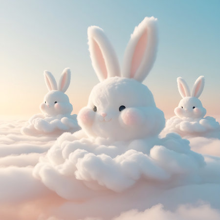 Three adorable, fluffy white bunnies are nestled on soft, white clouds. The bunnies have large, expressive eyes and rosy cheeks. The background is a soft pastel sky with hints of pink and blue, creating a dreamy and ethereal atmosphere. The overall image evokes a sense of peace, joy, and innocence.の素材