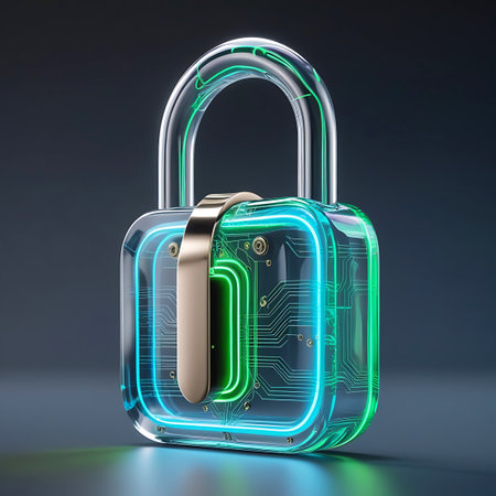 A modern, transparent padlock made of clear material is depicted. Inside the padlock, a glowing green and blue circuit board is visible, suggesting digital security and technology. The padlock has a metallic gold shackle. The background is a dark, neutral gradient, focusing attention on the illuminated padlock and its internal circuitry.の素材