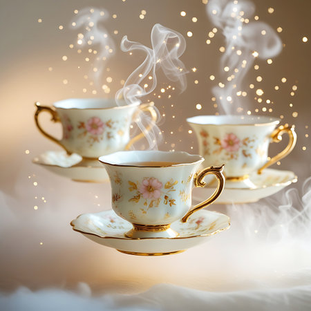 Antiquestyle showing three porcelain teacups with pink roses and gold trim floating keywords: teacup, tea, cup, saucer, porcelain, ceramic, floral, rose, pink, gold, golden, handle, ornate, vintage, antique, elegant, delicate, steaming, steam, vapor, smoke, hot drink, beverage, floating, levitating, airborne, whimsical, magical, sparkling, glitter, bokeh, light, glow, soft, warm, inviting, cozy, afternoon tea, celebration, luxury, decorative, still life, artistic, creative, beverage...の素材