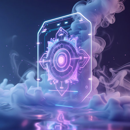 A tall, rectangular, holographic device glows with neon purple and pink outlines, displaying an intricate, circular geometric pattern at its center. It is set against a dark background and surrounded by wisps of ethereal smoke or mist in shades of blue and purple. The device rests on a reflective surface, with subtle light refractions and reflections. The composition suggests a futuristic or sci-fi theme.の素材
