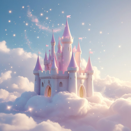 A picturesque pink castle, adorned with flags atop its many spires, is situated on a fluffy cloud formation. The background is a soft blue sky filled with twinkling stars and delicate pink light streaks. The castle appears to be bathed in a gentle, warm light, with golden hues visible through its arched doorways, creating an enchanting and fantastical scene.の素材