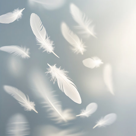 Several white feathers are depicted in various stages of falling and floating against a soft, out-of-focus background with a gentle light source. The feathers are rendered with a delicate, airy quality, creating a sense of lightness, tranquility, and peaceful movement.の素材