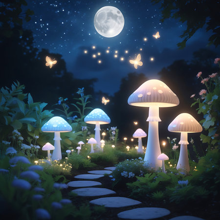 A dreamlike night garden bathed in the soft light of a full moon and a starry sky. A winding stone path is bordered by an array of glowing mushrooms in various sizes, emitting a gentle, inviting light. Delicate butterflies flutter amongst the luminous flora, enhancing the whimsical and magical ambiance of this enchanting scene.の素材