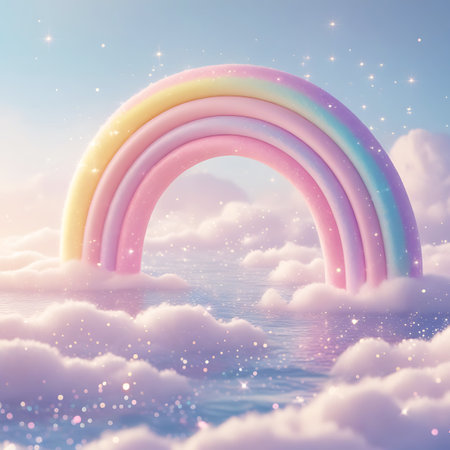 A whimsical pastel rainbow with distinct bands of pink, yellow, blue, and purple forms an arch over a shimmering body of water. The water is covered in countless tiny sparkles. Soft, pastel pink and lavender clouds surround the rainbow and water, creating a dreamy and enchanting scene. The sky is a soft, clear blue.の素材