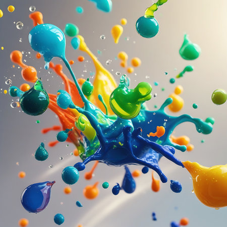 A dynamic abstract image featuring an explosion of colorful liquids in mid-air. Bright splashes and droplets of blue, green, orange, yellow, and teal are frozen in time. The liquids create irregular, fluid shapes with glossy textures. Numerous small droplets and speckles of various colors are scattered throughout the composition, emphasizing the chaotic and energetic nature of the splash. The background is a soft, gradient gray.の素材