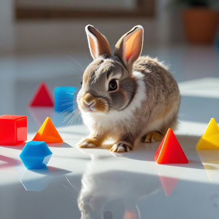 A small, fluffy baby rabbit with prominent ears and whiskers sits on a reflective white surface. It is surrounded by brightly colored geometric toys, including red cubes, blue dodecahedrons, orange and yellow pyramids, and a blue prism. Sunlight casts shadows and highlights, creating a playful and innocent scene.の素材