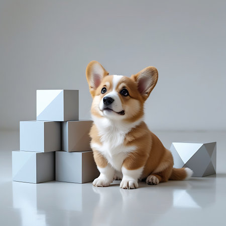 A fluffy Pembroke Welsh Corgi puppy with distinctive markings sits attentively on a highly reflective, light grey surface. The puppy is positioned to the right of a stack of white geometric cubes, with another cube to its right. The background is a soft, neutral grey, creating a clean and minimalist setting. The puppy's large ears are perked, and it gazes upwards with an expression of curiosity and innocence.の素材