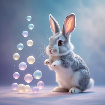 An adorable grey and white bunny rabbit sits attentively, with its paws positioned forward. A column of translucent, pastel-colored bubbles ascends to its left, each sphere emitting a soft glow. The background is a gentle gradient of light blue and lavender, creating a serene and magical atmosphere.の素材