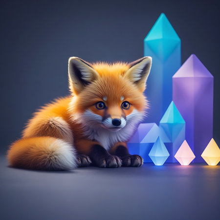 A charming baby red fox is captured in a studio setting, sitting with its fluffy tail curled around its body. The fox gazes forward with wide, curious eyes. It is surrounded by a collection of faceted geometric crystals that emit vibrant, glowing light in various colors including turquoise, blue, purple, pink, and yellow. The dark, muted background emphasizes the bright illumination of the crystals and the fox's fur.の素材