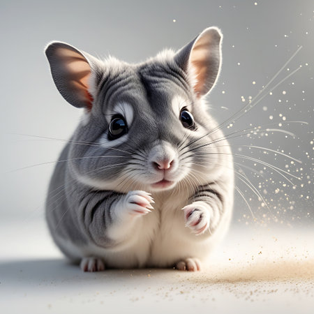 A charming, fluffy grey chinchilla is presented in a close-up view on a white surface. Its large, dark eyes are captivating, and its front paws are slightly raised. The image features a scattering of golden sparkles or dust, adding a touch of magic. The background is softly blurred, emphasizing the chinchilla and the subtle motion suggested by the sparkles.の素材