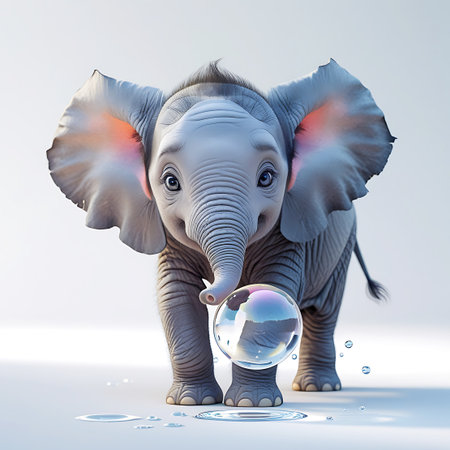 A charming baby elephant stands on a white surface, its trunk playfully nudging a large, iridescent bubble that reflects the surroundings. Water droplets are scattered around its feet, suggesting a playful interaction with water. The elephant has large, expressive eyes, prominent tusks, and big, floppy ears with a hint of pink. The overall image is bright and cheerful, with a focus on the adorable nature of the young animal.の素材