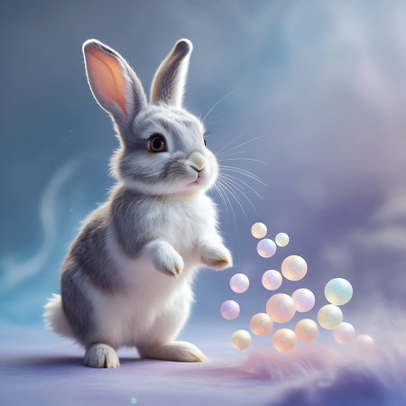 A fluffy, grey and white baby rabbit stands on its hind legs, looking to the right with its ears perked up. In front of the rabbit, a cluster of iridescent, colorful bubbles float in the air, catching the light. The background is a soft, dreamy blend of pastel blues and purples, creating a magical and gentle atmosphere.の素材