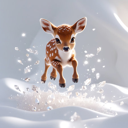 A very cute and fluffy fawn is captured mid-leap, appearing to jump through a flurry of sparkling ice crystals and soft snow. The fawn has large, expressive eyes and is adorned with characteristic white spots on its brown fur. The surrounding environment is rendered in soft whites and grays, with a gentle bokeh effect, creating a dreamy and magical atmosphere. The image conveys a sense of innocence and wonder.の素材