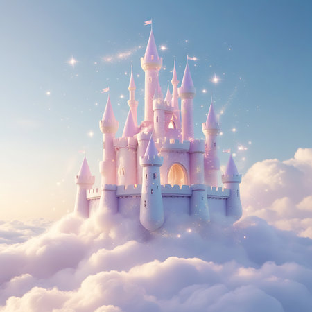 A charming pastel pink castle rests atop a sea of soft, voluminous clouds. The sky above is a pale blue, illuminated by a gentle light and scattered with numerous bright stars and faint pink stardust trails. The castle's design includes multiple towers and flags, with a warm, inviting glow visible from its windows, evoking a sense of wonder and fantasy.の素材