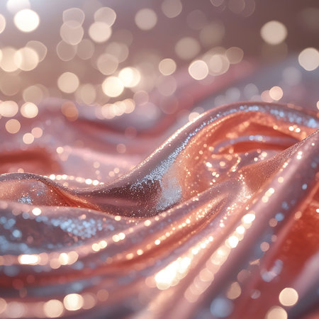 A detailed view of rose gold fabric with a highly reflective and shimmering surface. The material is draped in elegant curves, with light glinting off its texture. Soft, circular bokeh lights are scattered throughout the background, adding a magical and sophisticated feel.の素材