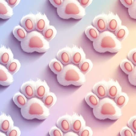 A seamless repeating pattern of fluffy cat paws with white fur and pink pads. The paws are arranged in a repeating grid with soft shadows. The background features a smooth gradient transitioning from soft blue and purple on the left to warm yellow and pink on the right, creating a dreamy and ethereal effect. The overall design is cute, soft, and visually appealing.の素材
