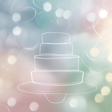 A single stylized outline drawing of a tiered cake is centered against a soft, abstract background. The cake is depicted with thin, light-colored lines, showcasing its layered structure. The background is a gentle gradient of pastel colors, including pink, blue, and green, with soft, out-of-focus bokeh lights that create a dreamy and celebratory ambiance.の素材