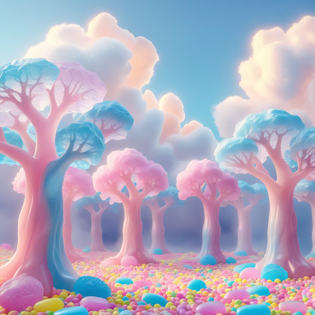 A visually striking fantasy forest where trees exhibit a mix of pink and blue cotton candy-like foliage atop translucent pink trunks. The ground is a riot of color, covered in small, round candy-like pebbles and larger, smooth, rounded shapes in various pastel hues including pink, yellow, blue, and white. The sky is a clear, bright blue, adorned with voluminous, soft white clouds, contributing to the overall dreamlike and whimsical ambiance.の素材