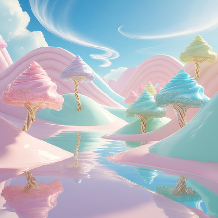 A surreal and whimsical landscape rendered in soft pastel colors. Rolling hills in shades of pink, mint green, and light blue create a dreamlike terrain. Stylized trees resembling ice cream cones or lollipops, in pink, blue, and yellow, are scattered across the hills. A calm body of water reflects the pastel landscape and the sky, which features wispy white clouds. The overall impression is one of a sweet, fantastical, and serene environment.の素材