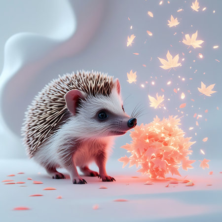 A charming hedgehog with detailed spines and soft fur is captured in a studio setting. The animal is looking towards a cluster of glowing orange maple leaves and a few falling leaves in the air, all illuminated with a soft, warm light. The background is bright and clean with a subtle, abstract design and bokeh, enhancing the magical and whimsical feel.の素材