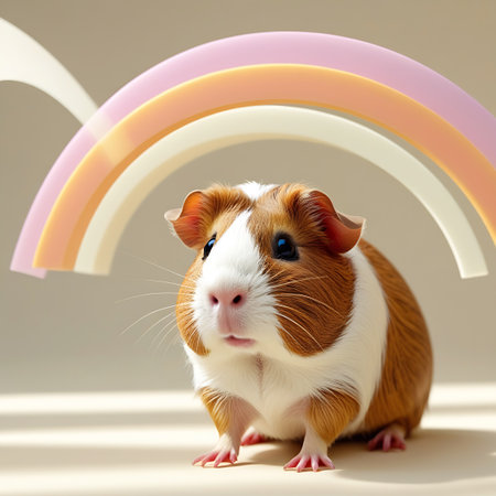 A close-up view of a brown and white guinea pig with its distinctive markings and whiskers. The animal is situated beneath a curved decoration that mimics a rainbow, featuring pastel shades of pink, yellow, and white. The lighting is soft and warm, casting gentle shadows and highlighting the guinea pig's fur. The background is a muted, neutral tone, and the focus is sharp on the guinea pig, with a slightly softer background.の素材