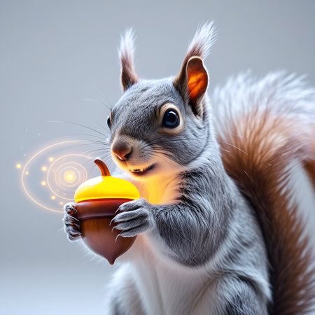 A close-up studio shot of a fluffy grey squirrel with bright blue eyes and long whiskers. The squirrel is holding a brown acorn with a glowing yellow top in its paws. Around the acorn, there are subtle orange and yellow glowing rings and dots, suggesting cosmic or magical energy. The background is a soft, neutral grey, and the lighting highlights the squirrel's fur and the luminous acorn.の素材