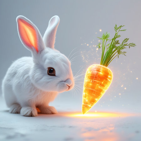 A charming white rabbit with soft fur and alert ears sits on a smooth, light surface. Next to it, a vibrant orange carrot glows with an internal light, its green leafy top reaching upwards. Small sparks of light emanate from the carrot, adding to its magical appearance. The composition is clean, focusing on the interaction between the cute animal and the luminous vegetable.の素材