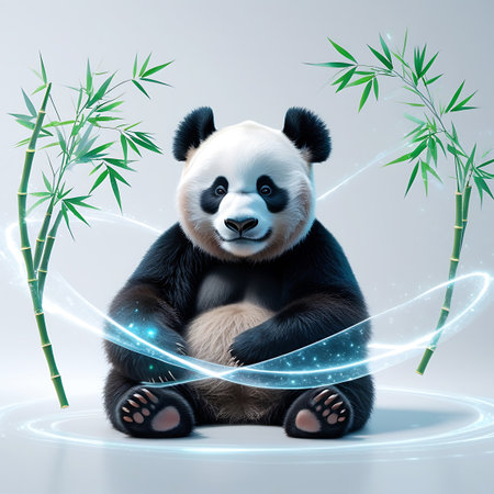 An endearing panda sits with its paws resting on its belly, encircled by luminous blue energy swirls and flanked by bamboo stalks. The panda's fur is detailed, and its eyes are bright. The blue light emanates a soft glow, creating a magical and tranquil ambiance. The composition is set against a clean, light grey studio background.の素材
