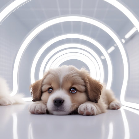 A charming, fluffy puppy with golden and white fur is lying down on a smooth, reflective floor inside a futuristic tunnel. The tunnel features a series of bright, white glowing arches that create a sense of depth and perspective. The puppy gazes forward with its endearing eyes. The overall aesthetic is clean, modern, and minimalist, with a focus on light and geometric shapes.の素材
