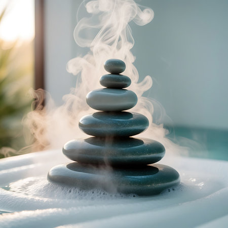 A stack of smooth, gray spa stones is carefully balanced, with ethereal steam rising from the top. The stones rest on a bed of white foam and water, creating a serene and inviting spa atmosphere. The background is softly out of focus, highlighting the central arrangement.の素材