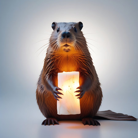 A brown beaver is shown holding a luminous candle in its paws. The beaver's facial expression conveys astonishment or shock, with its mouth open and eyes wide. The candle emits a strong, warm light that highlights the beaver's features. The background is a neutral gray with a bright light source behind, creating a subtle glow.の素材