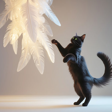 A black cat with vibrant green eyes is captured in a playful pose, reaching upwards with its paw towards a cluster of large, softly illuminated white feathers. The feathers appear to be part of a decorative hanging object, with a subtle glow emanating from within. The cat's body is poised, highlighting its playful curiosity against a neutral, softly lit studio background.の素材