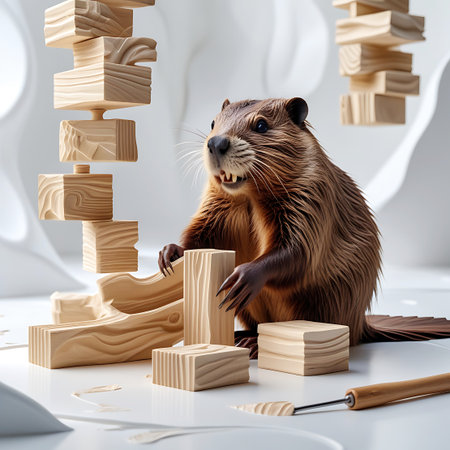 A beaver with detailed brown fur is shown in a studio with a white background, actively engaged in building a structure with wooden blocks and planks. The arrangement resembles a game of Jenga or a playful architectural construction. Various wooden pieces, some with carved textures, are stacked and placed around the beaver. Woodworking tools are also present, suggesting a connection to building and creation. The beaver's paws are interacting with the wooden elements.の素材