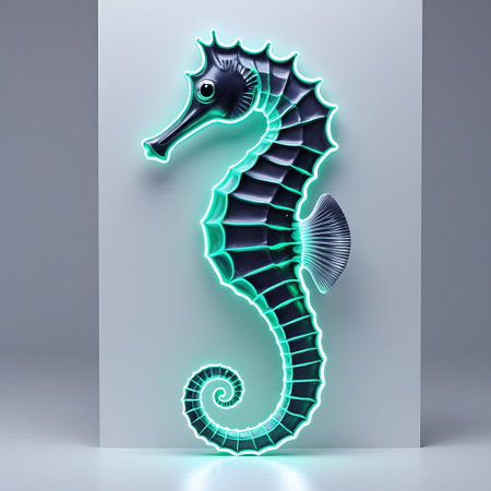 A black silhouette of a seahorse is illuminated by a vibrant green neon light that traces its outline. The seahorse has a detailed body with segmented plates, a curled tail forming a spiral, and a fan-like fin. It is presented against a clean, minimalist white background, with subtle reflections on the surface below.の素材