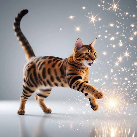 A Bengal cat with striking spotted and striped fur is depicted in a dynamic pose, appearing to play with a cluster of bright, glowing sparklers. Its mouth is slightly open, suggesting excitement or surprise. The cat's body is in motion, with its front paws extended. The background is a soft gray, and the bright, scattered sparks create a festive and celebratory mood. The image is presented on a white reflective surface.の素材